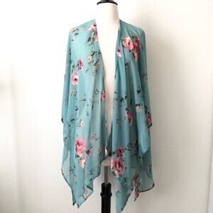 Audrey 3+1 pink floral print on mint green open kimono short sleeve top